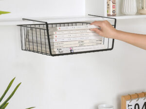 Black Metal Hanging Basket Rack Space-Saving Multipurpose Wardrobe Under Cabinet Storage