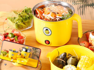 Mini Yellow Electric Rice Cooker with Steamer 18 L Capacity Stainless Steel Pot Multifunctional and Convenient