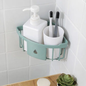 Green Easy Corner Rack Space-Saving Adhesive Plastic Rack for Smart Bathroom Organization