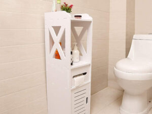 Small Bathroom Storage Corner Floor Cabinet with Doors and Shelves, Thin Toilet Vanity Cabinet, Narrow Bath Sink Organizer, Towel Storage Shelf for Paper Holder, White