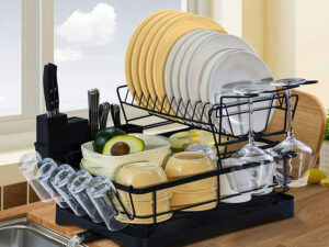 Begally Dish Drying Rack for Home Decor, 2 Tier Stainless Steel Dish Rack Large Strainer Over Sink, Kitchen Utensil Holder for Countertop, with Bottle Drying Rack and Cutting Board Holders, Black